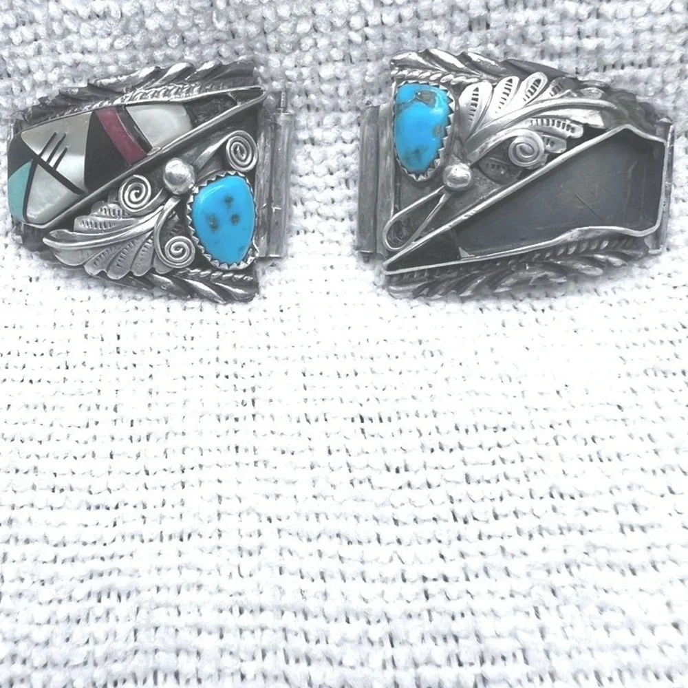 Sterling Silver Watch Tips Ornate Inlaid Stones Southwestern Large 24g SEE Picts